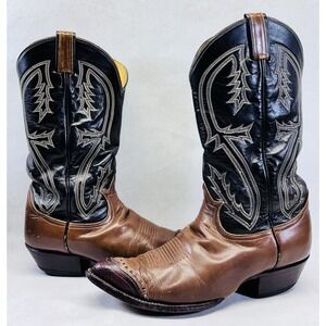 Tony Lama Two Tone Cowboy Boots 8.5D Brown Black Lizard Toe Vintage As Is